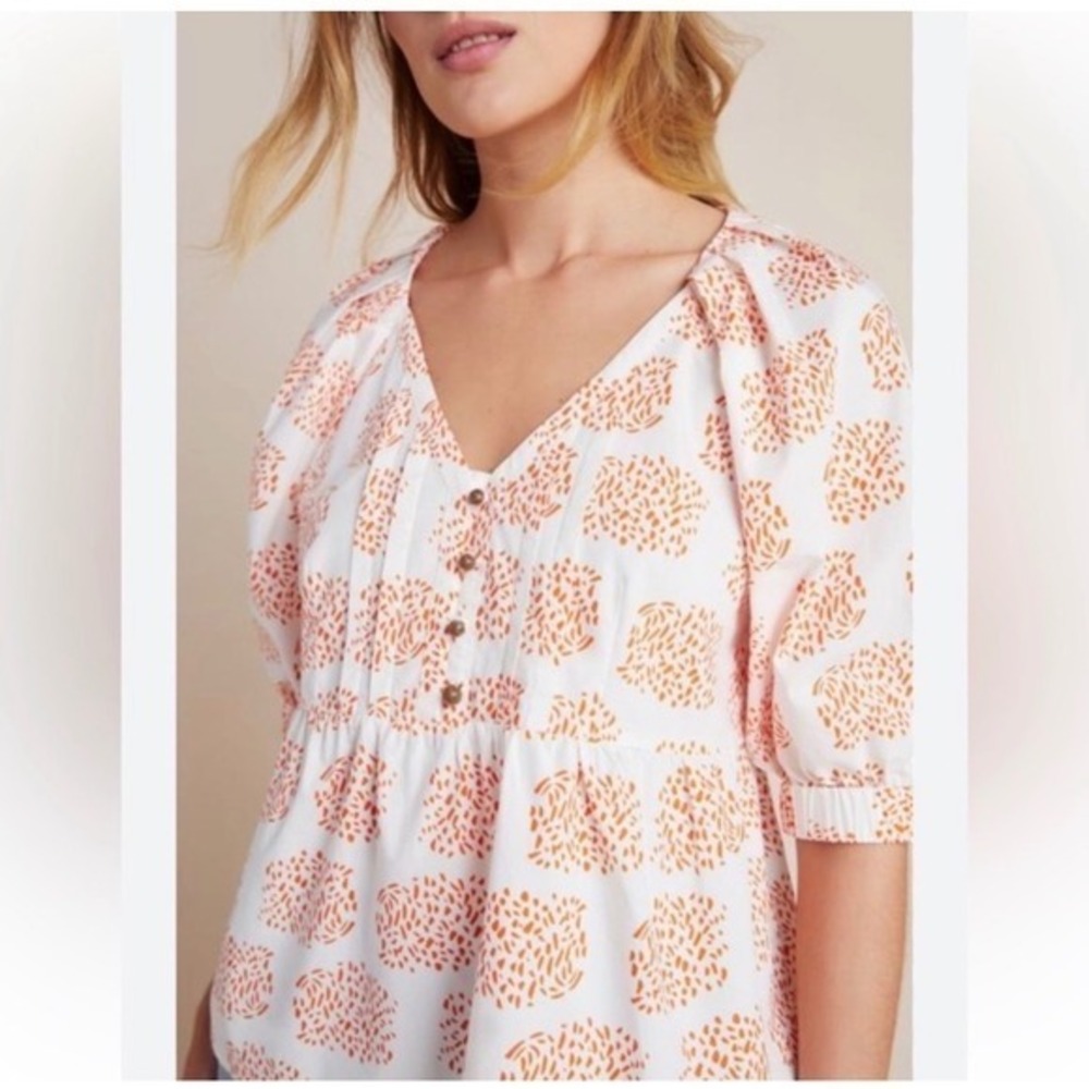 Anthropologie Moglea Orange White Abstract Print Puff Sleeve Babydoll Top XS